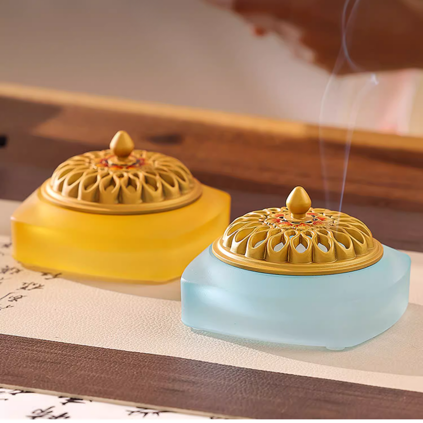 Exclusive Incense Burner Tempered Glass Colors Golden Lid