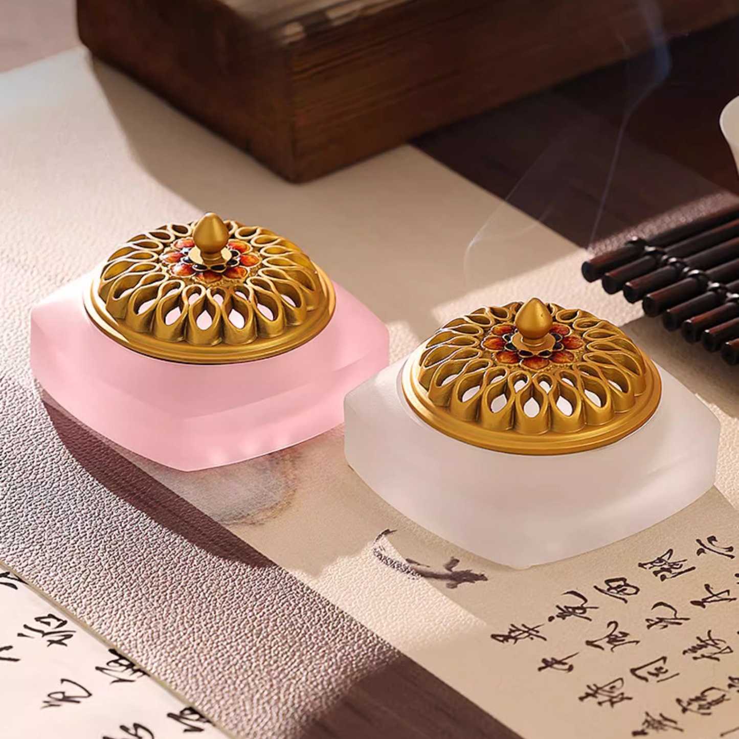 Exclusive Incense Burner Tempered Glass Colors Golden Lid