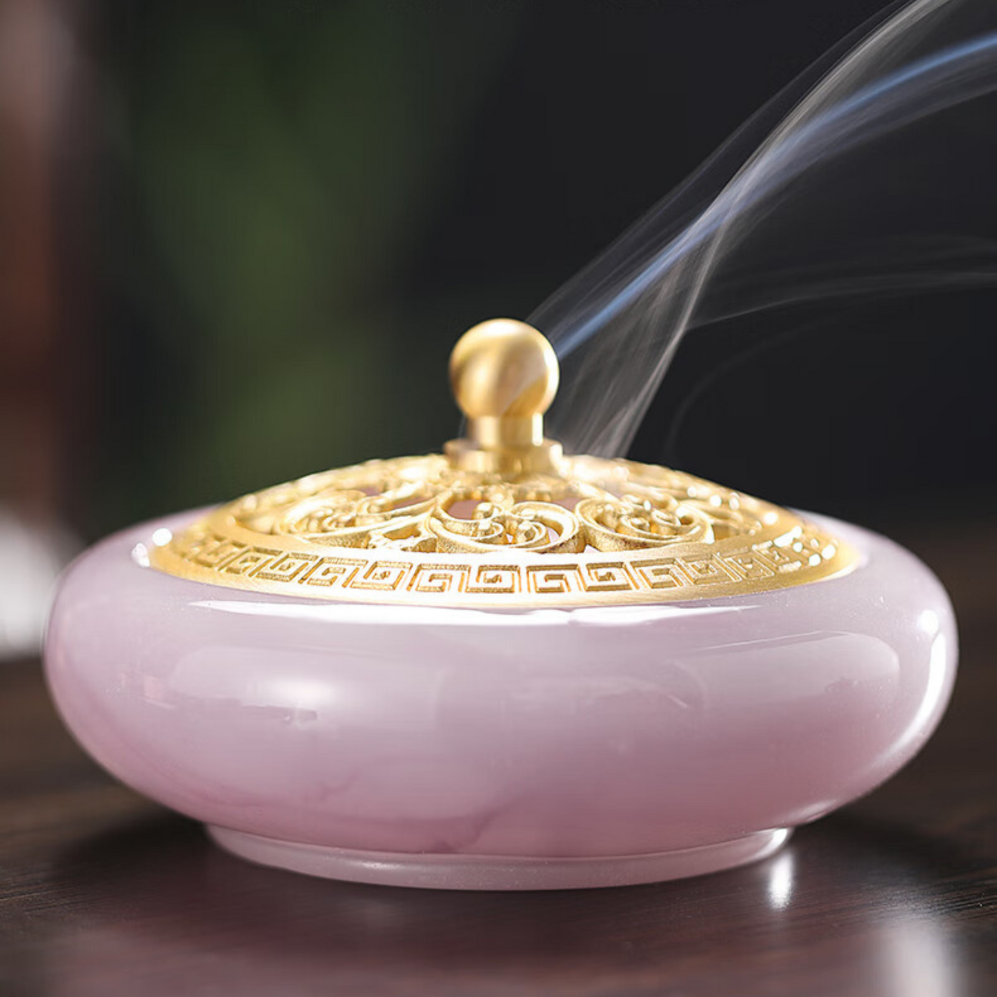 Pink Tempered Glass Incense Burner Golden Lid